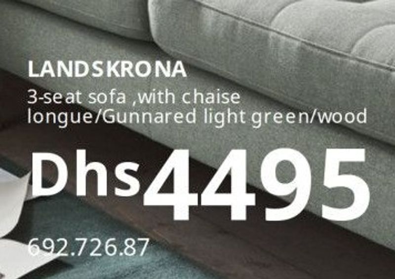 LANDSKRONA 3-seat sofa, with chaise longue/Gunnared light green/wood