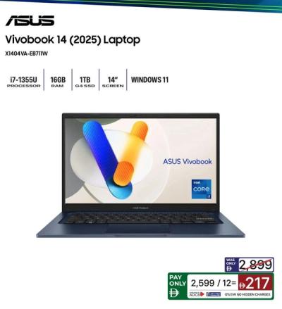 ASUS Vivobook 14 (2025) Laptop X1404VA-EB711W i7-1355U 16GB RAM 1TB G4 SSD 14" Screen Windows 11