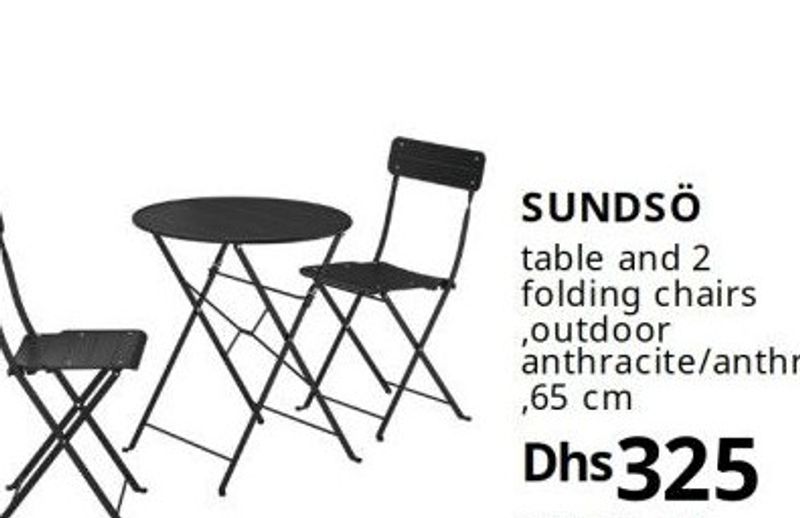 SUNDSÖ table and 2 folding chairs, outdoor anthracite/anthracite, 65 cm