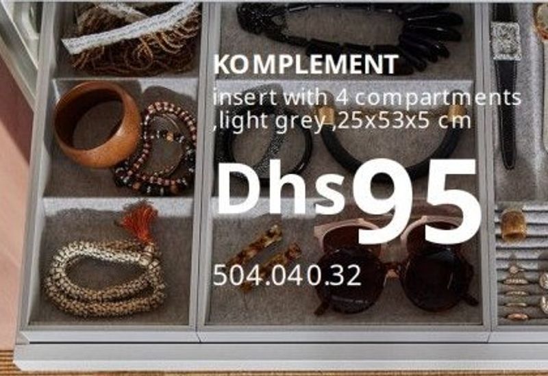KOMPLEMENT insert with 4 compartments, light grey, 25x53x5 cm