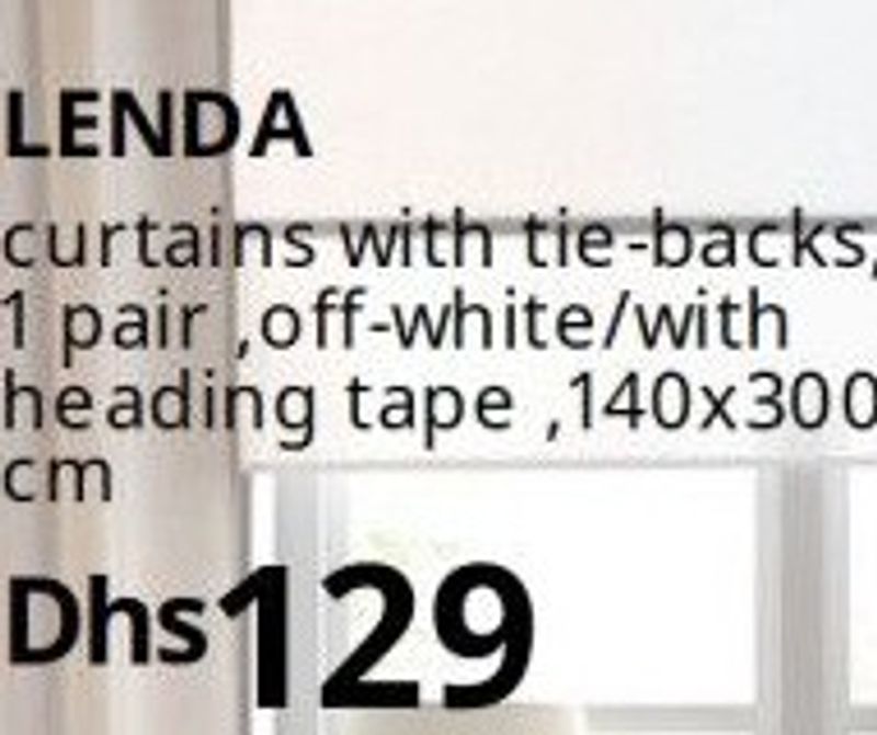 LENDA curtains with tie-backs, 1 pair, off-white/with heading tape, 140x300 cm