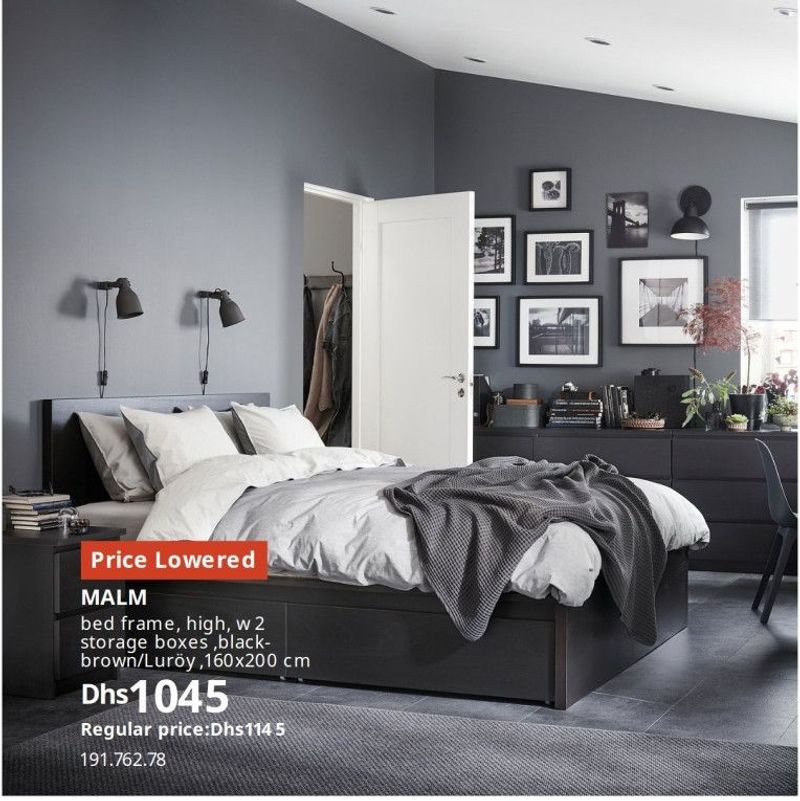 MALM bed frame, high, w 2 storage boxes, black-brown/Luröy, 160x200 cm