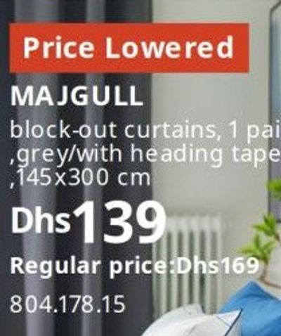 MAJGULL block-out curtains, 1 pair, grey, with heading tape, 145x300 cm
