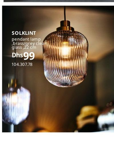 SOLKLINT pendant lamp, brass/grey clear glass, 22 cm