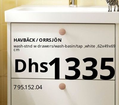 HAVBÄCK / ORRSJÖN wash-stand with drawers/wash-basin/tap, white, 62x49x69 cm
