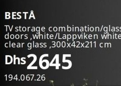 BESTĂ… TV storage combination/glass doors, white/Lappviken white clear glass, 300x42x211 cm
