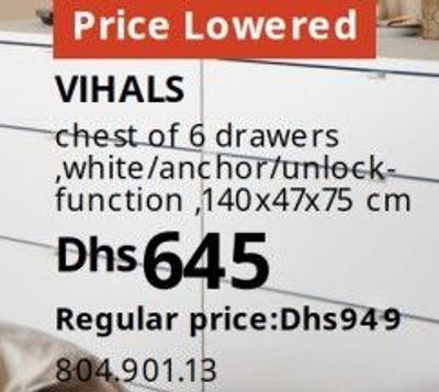 VIHALS chest of 6 drawers, white, anchor/unlock-function, 140x47x75 cm