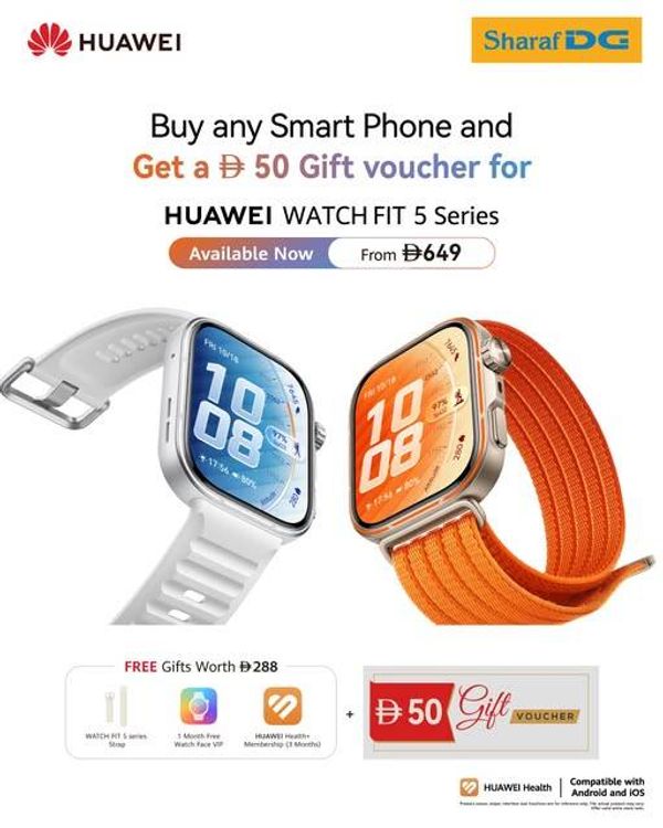 Get An AED 50 Gift Voucher For The HUAWEI Watch Fit 5 from Sharaf DG until 3rd June