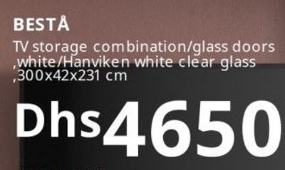 BESTĂ… TV storage combination/glass doors, white/Hanviken white clear glass, 300x42x231 cm