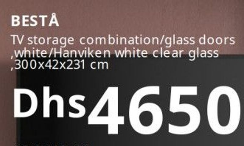 BESTÅ TV storage combination/glass doors, white/Hanviken white clear glass, 300x42x231 cm