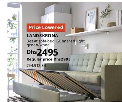 LANDSKRONA 3-seat sofa-bed, Gunnared light green/wood