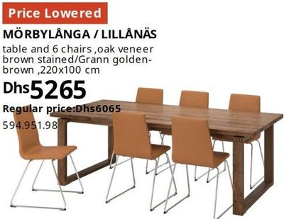MÖRBYLÅNGA table and 6 chairs, oak veneer brown stained/Grann golden-brown, 220x100 cm
