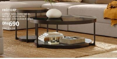 FRÖTORP coffee table/side table, set of 2, anthracite marble effect/black glass