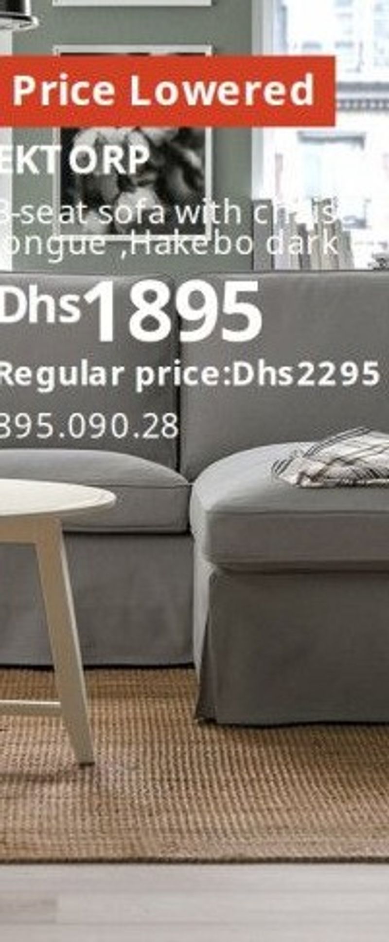 EKTORP 3-seat sofa with chaise longue, Hakelbo dark grey