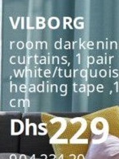 VILBORG room darkening curtains, 1 pair, white/turquoise/with heading tape, 145x300 cm