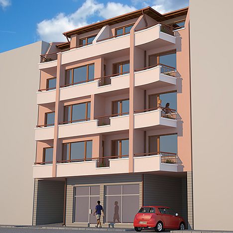 Four - storey residential building with underground garages and places for trade activity 1