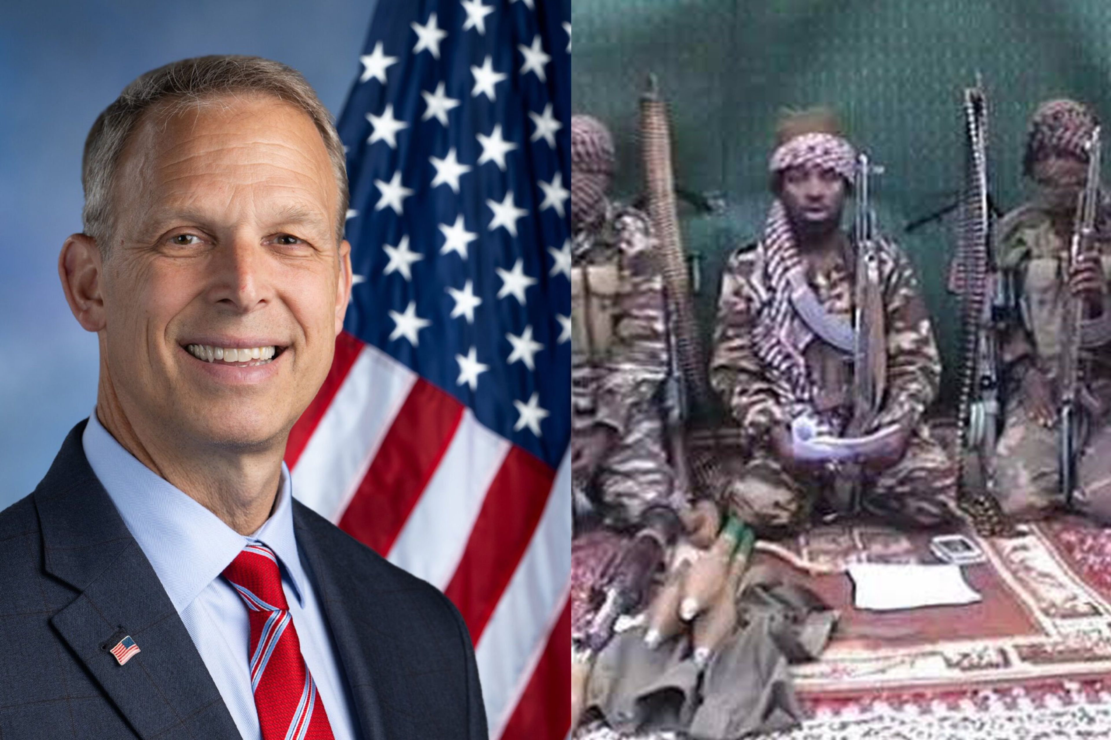 Split image: a smiling man in a suit before a US flag, beside armed masked fighters seated indoors