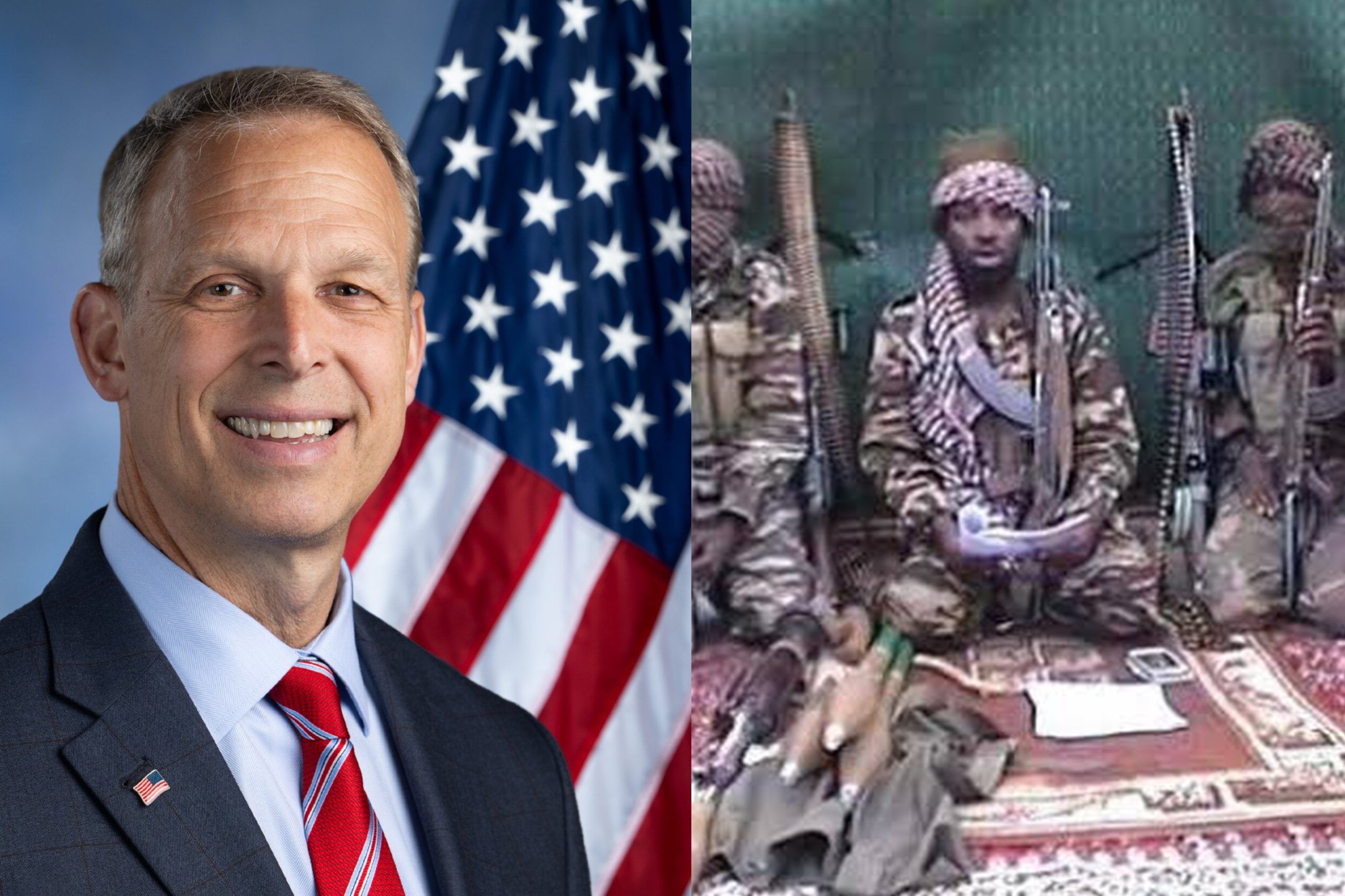 Split image: a smiling man in a suit before a US flag, beside armed masked fighters seated indoors