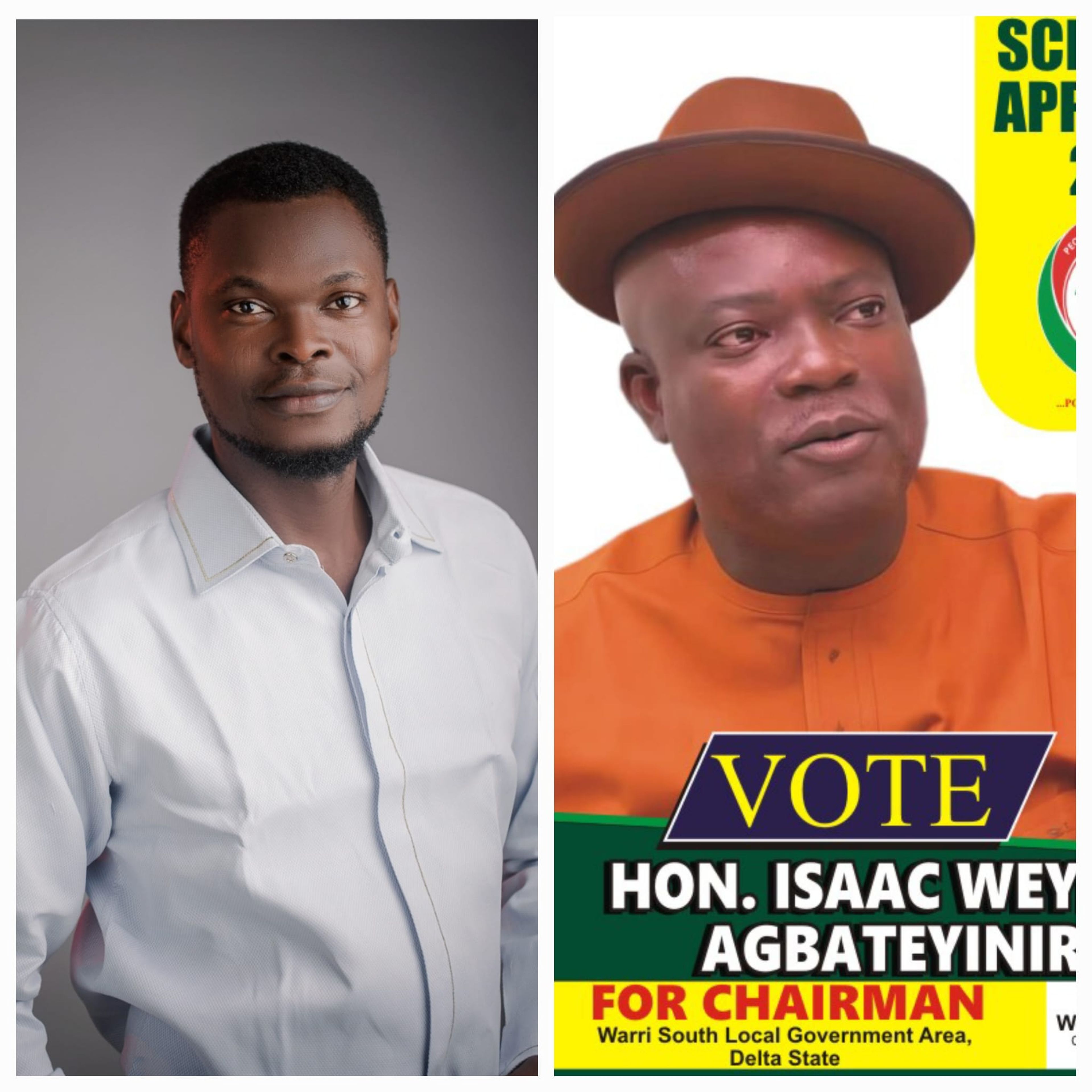 Split image of a man in a white shirt beside a man in a hat on a campaign poster