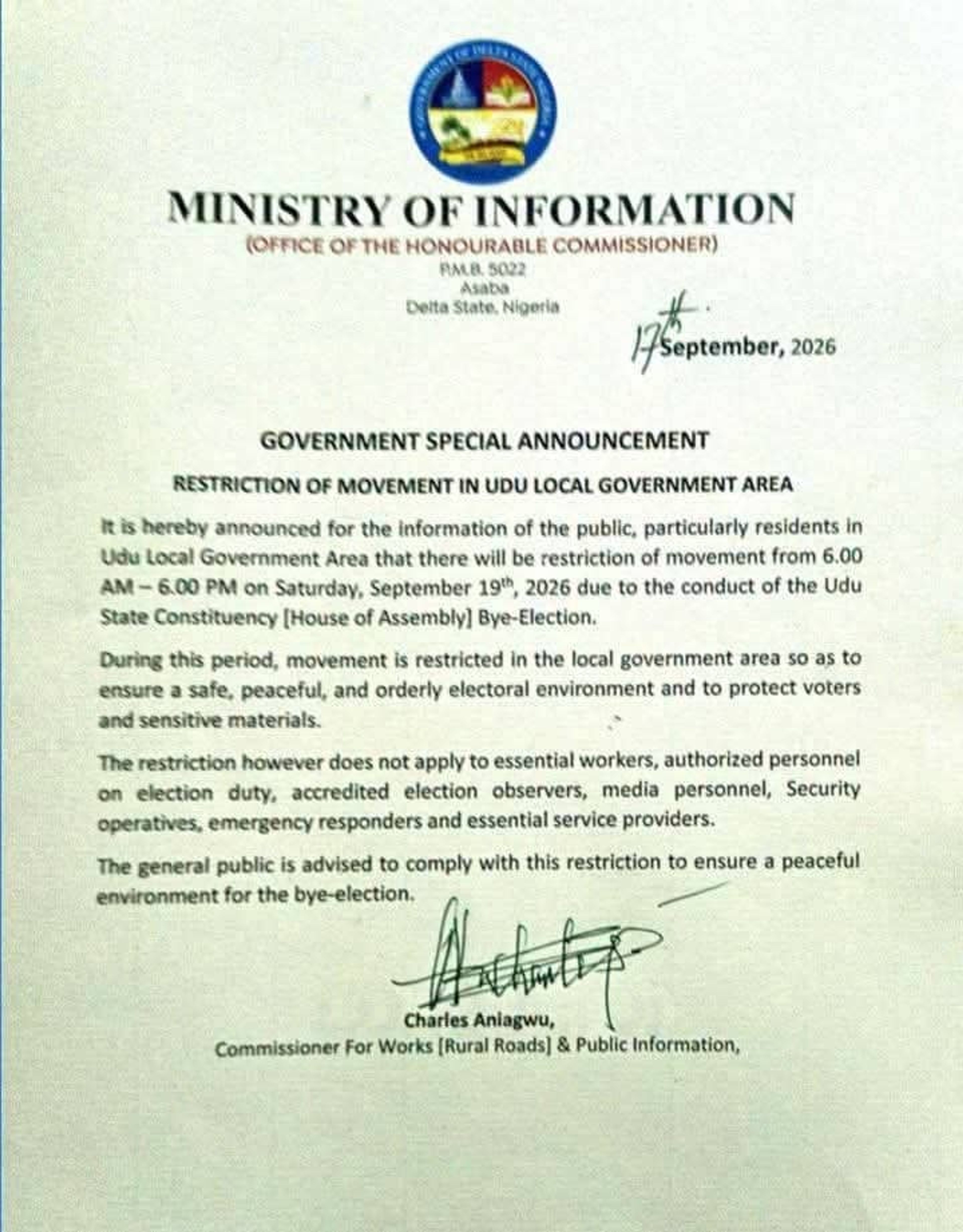 An official Delta State Ministry of information document announcing a 6:00 AM to 6:00 PM movement restriction in the Udu Loval Government Area on Saturday, September 19, 2026, due to the House of Assembly by-election. This documents features an official crest and is signed at the bottom by Commissioner Charles Aniagwu.