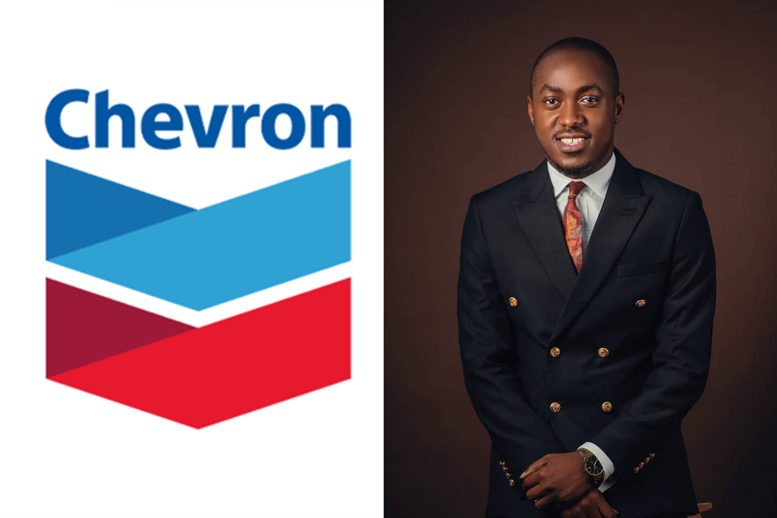Split image showing the Chevron logo beside a smiling man in a dark double-breasted suit and tie