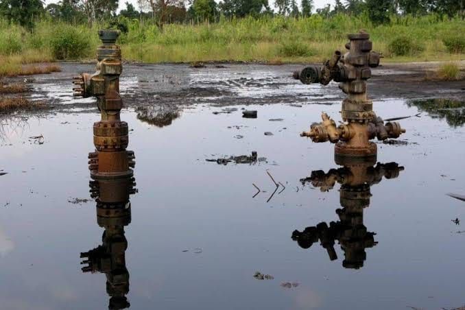 Two rusted oil well heads surrounded by dark, polluted water from a crude oil in Delta State.