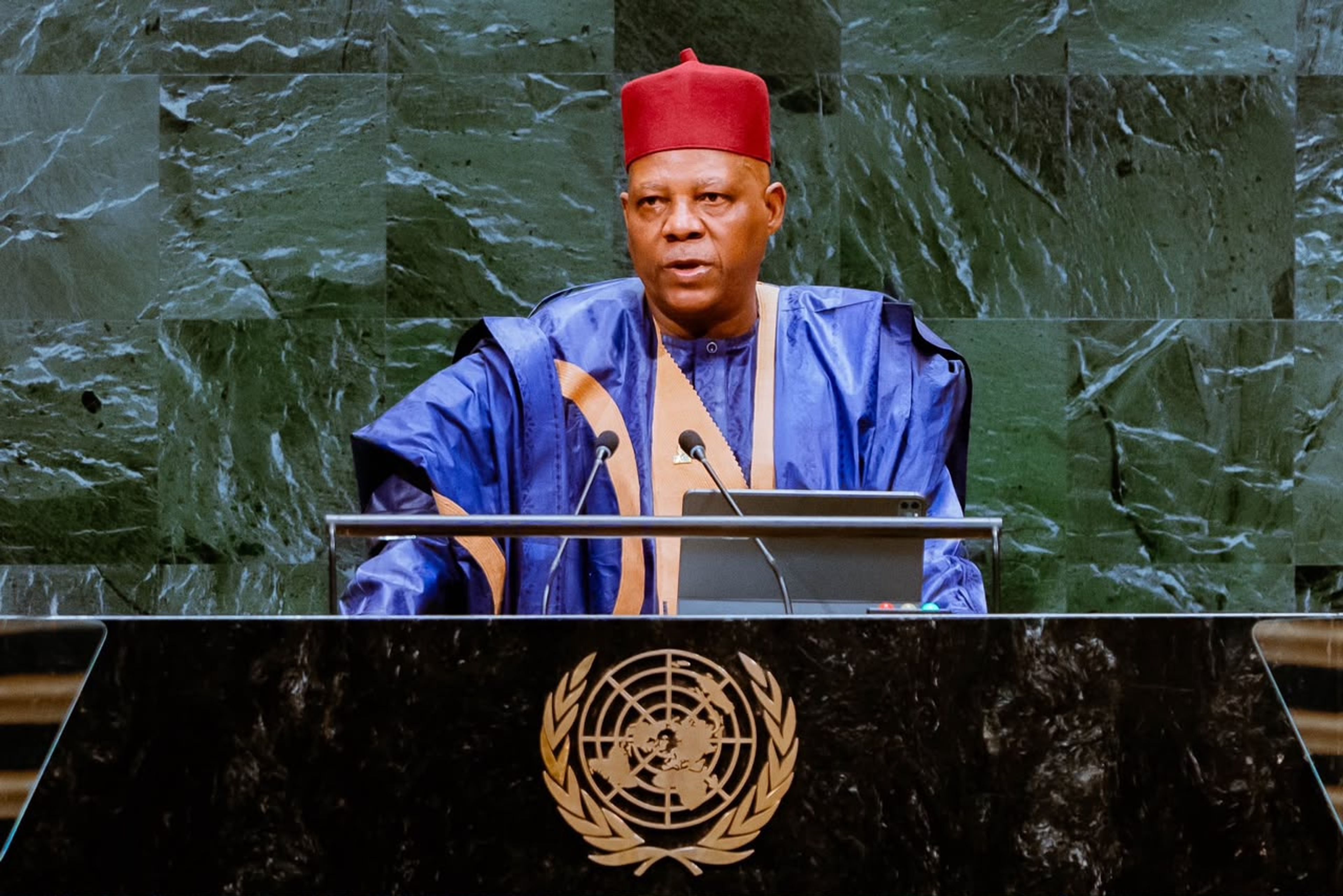 Kashim Shettima addresses the United Nations from the podium.