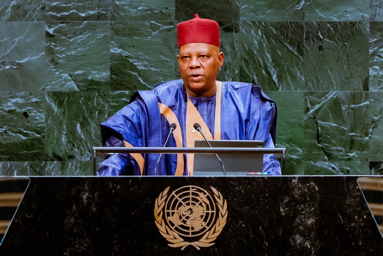 Kashim Shettima addresses the United Nations from the podium.