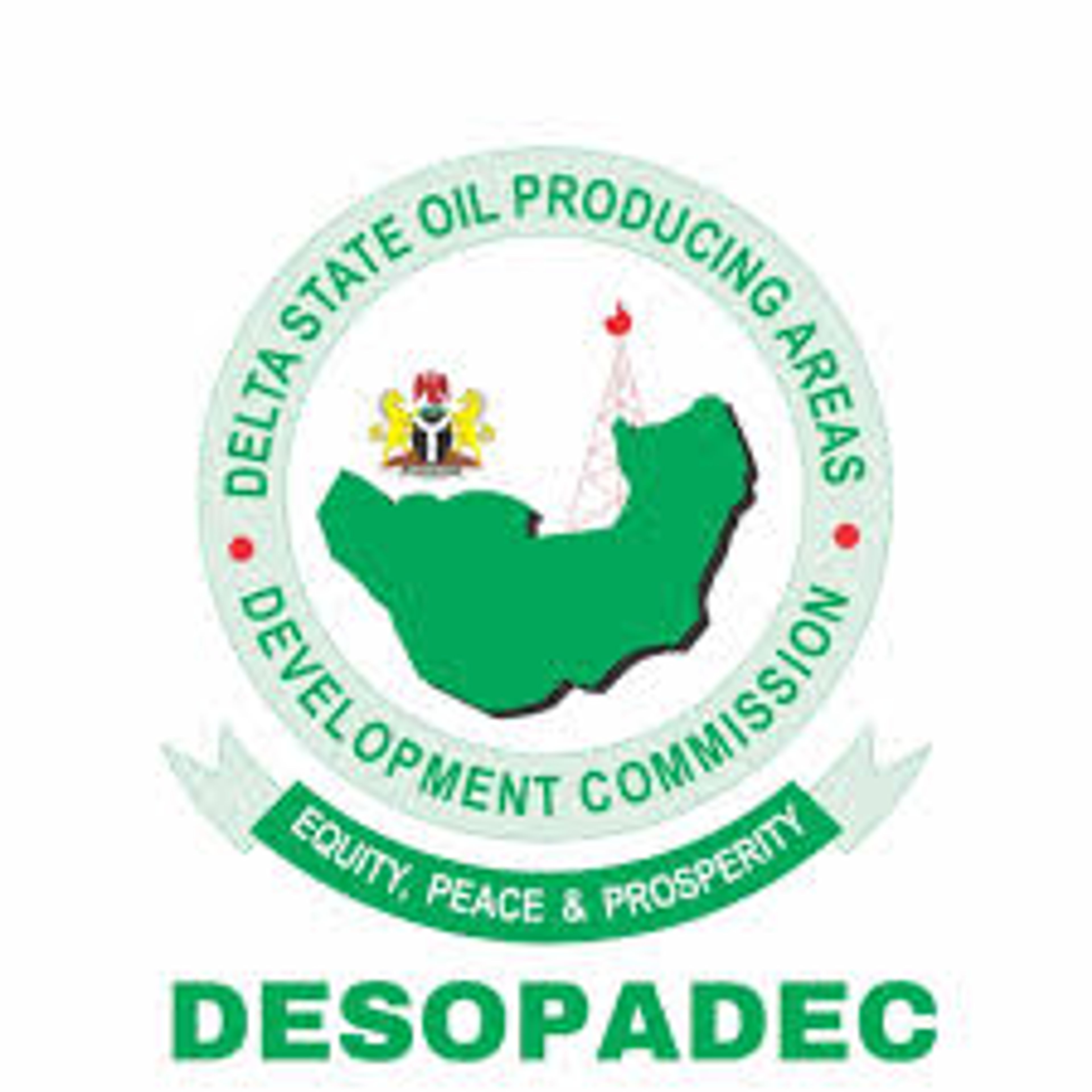 Circular green and red logo of a state oil producing areas development commission, with map and "DESOPADEC" text