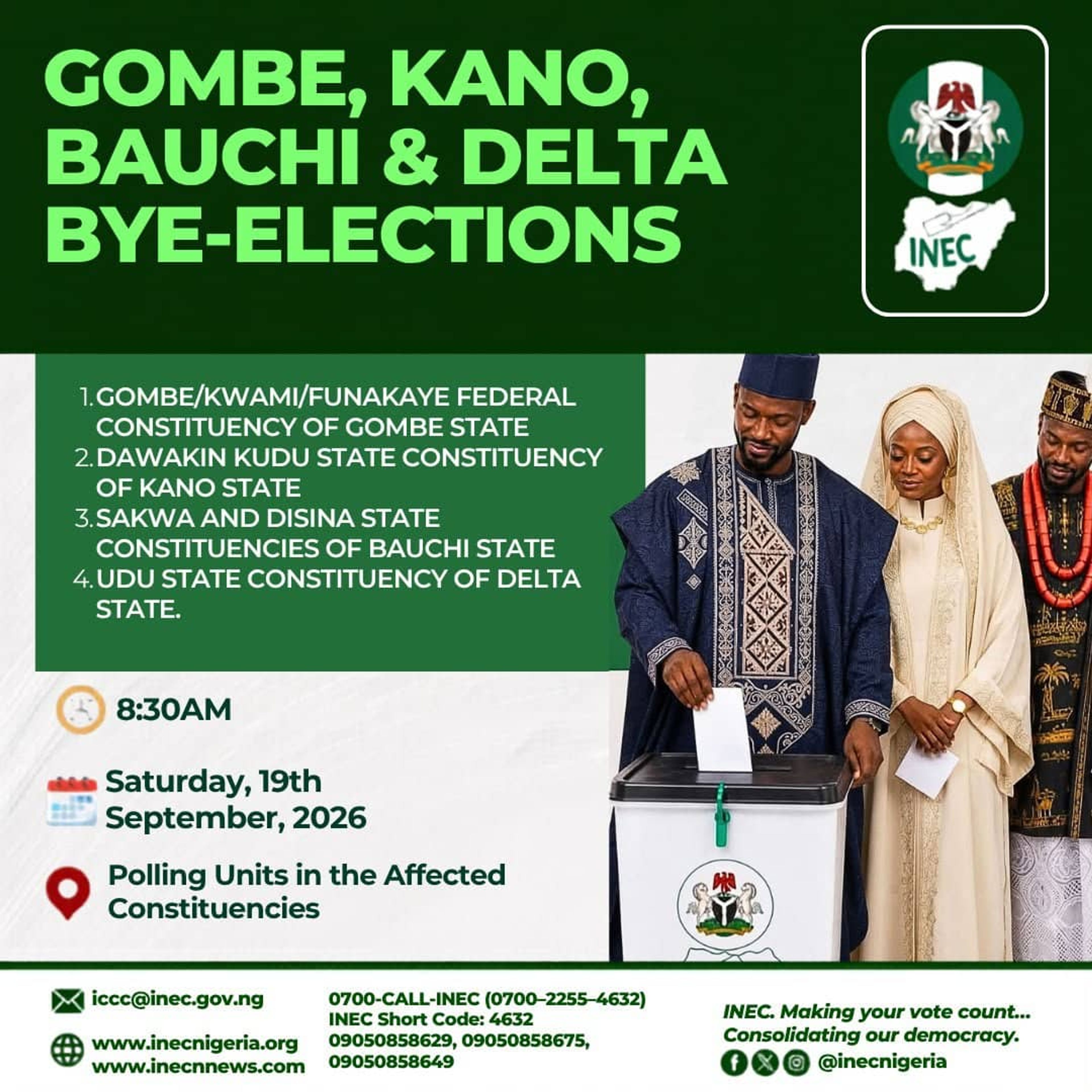 A green digital Inec electoral flier announcing the legislative bye elections 