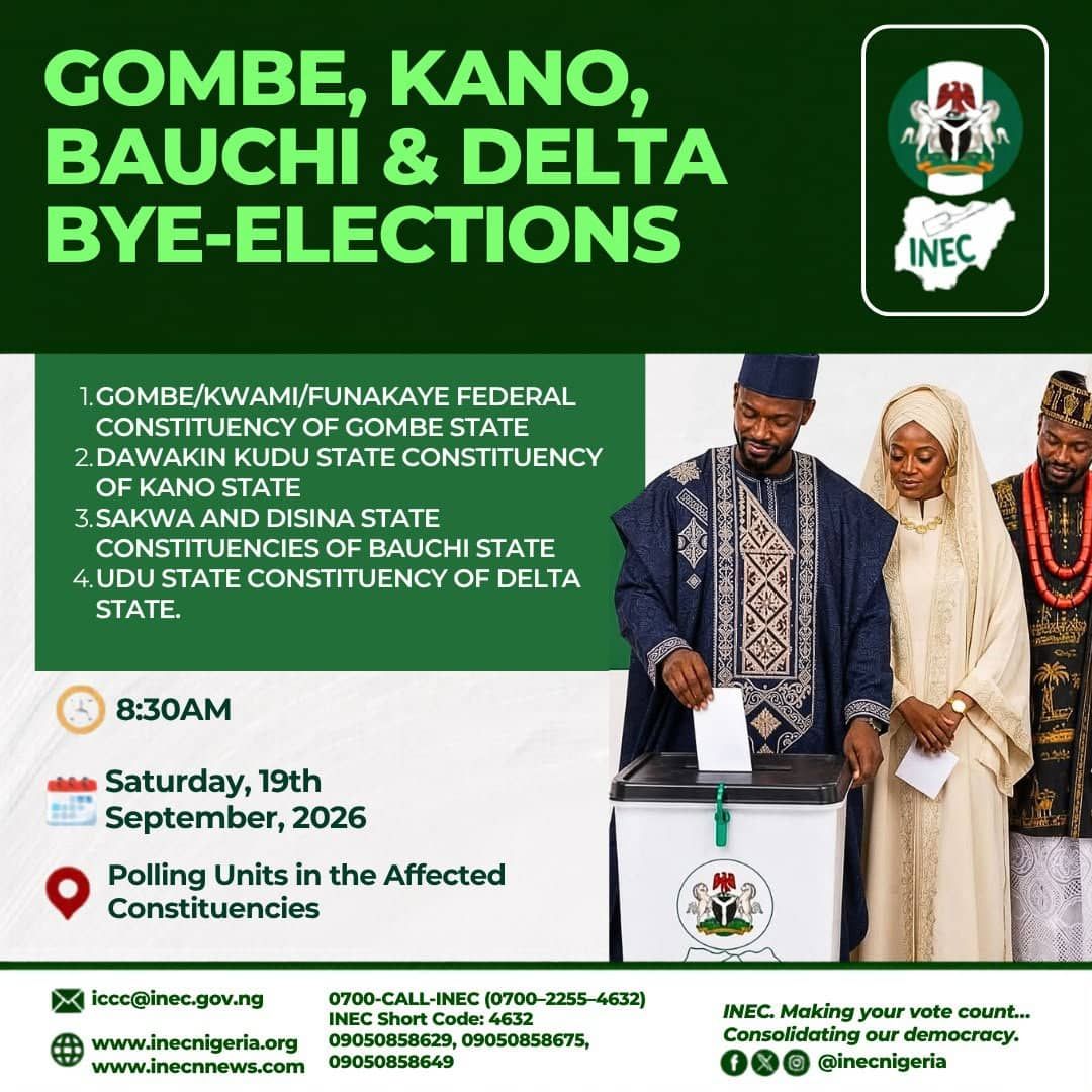 A green digital Inec electoral flier announcing the legislative bye elections
