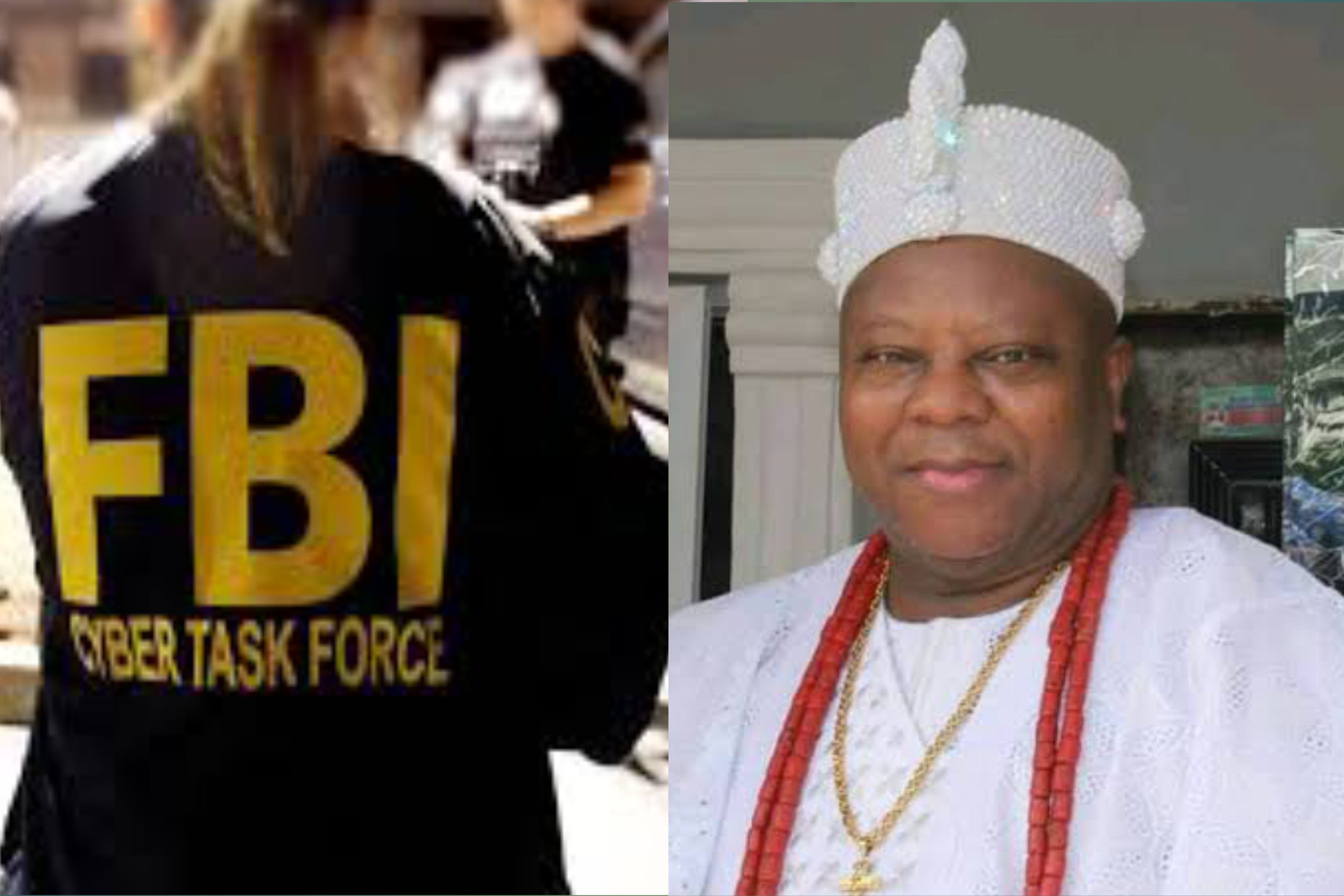Split image of an officer in an FBI Cyber Task Force jacket beside a man in beaded traditional regalia
