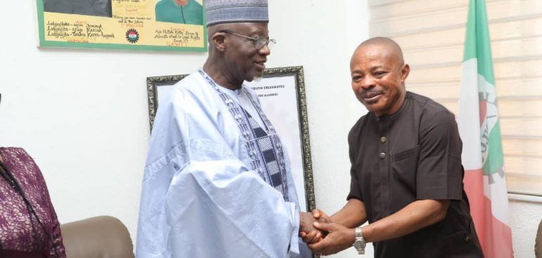 • Minister of Labour and Employment, Dr. Muhammad Maigari Dingyadi, shaking hands with Nigeria Labour Congress (NLC) President, Joe Ajaero, at the Federal Ministry of Labour and Employment in Abuja.