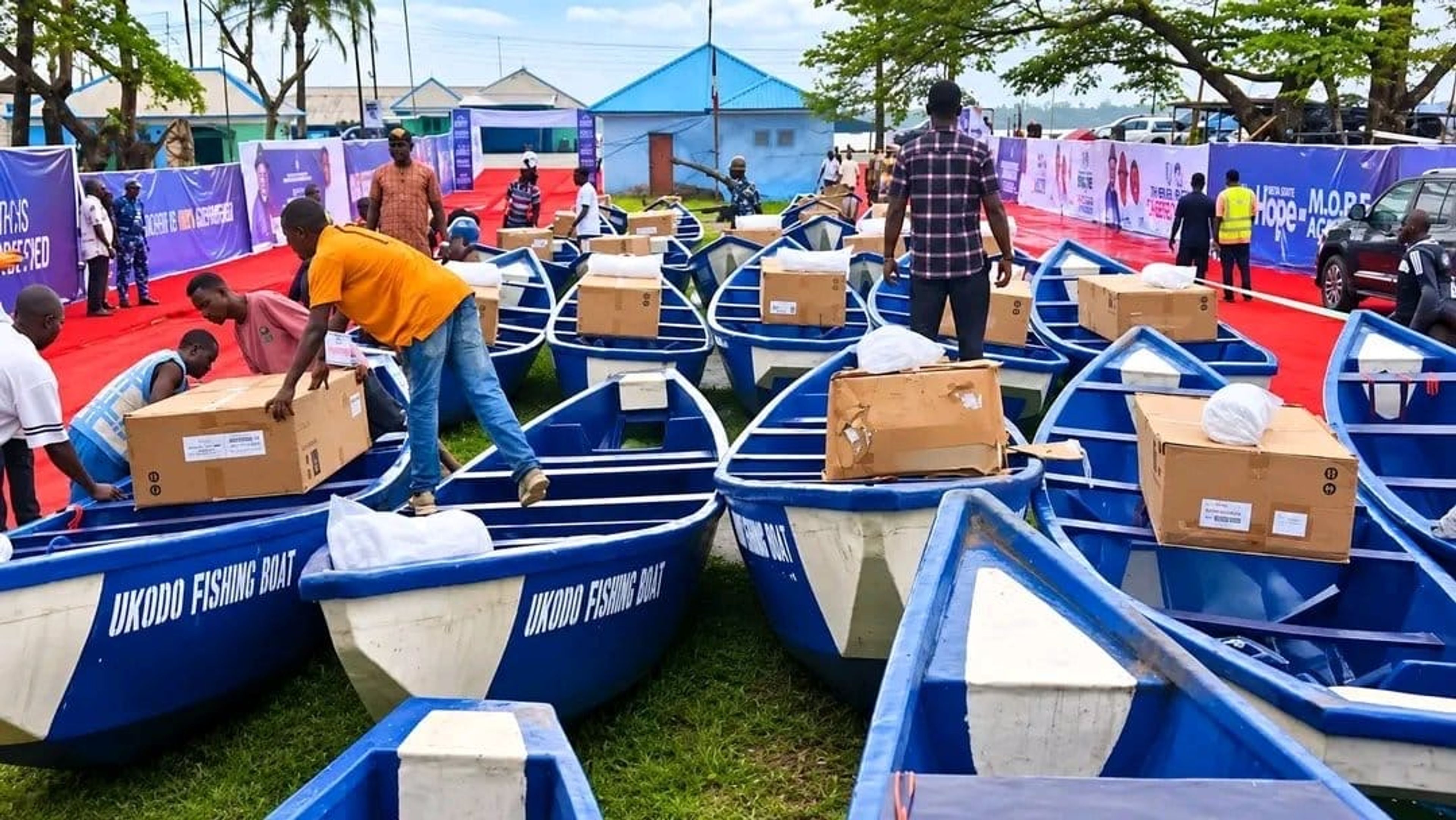 Rows of blue and white fishing boats arranged on the grass at an outdoor event. 