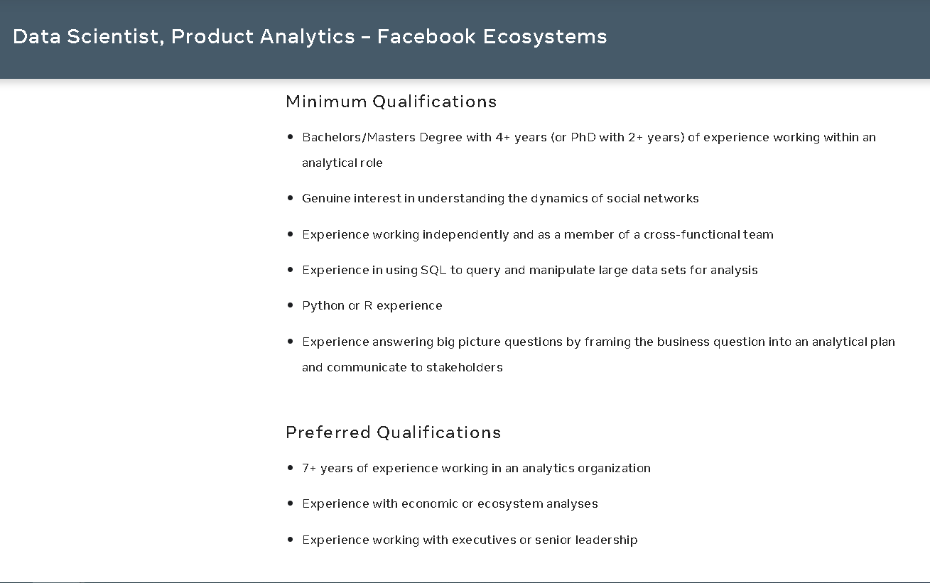 Data Scientist Product Analytics Facebook Ecosystems Position