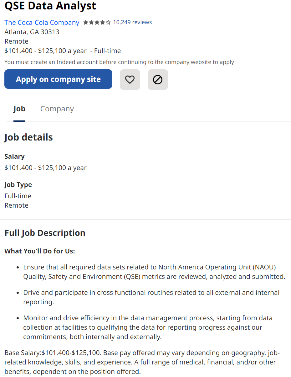 Coca Cola Remote Data Analysts Job Description