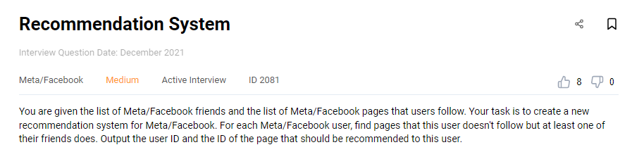 Facebook recommendation system data engineer interview question