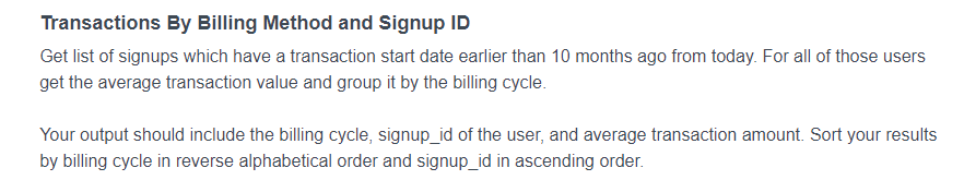 Fourth Noom Interview Question for Transactions By Billing Method and Signup ID