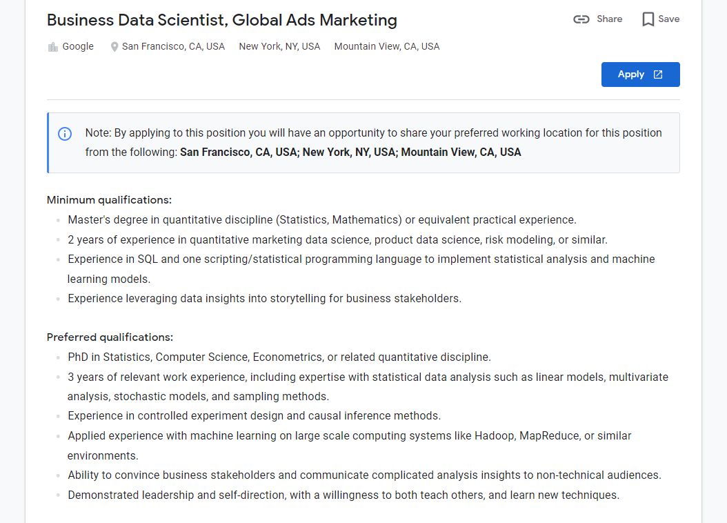 Google Business Data Scientist