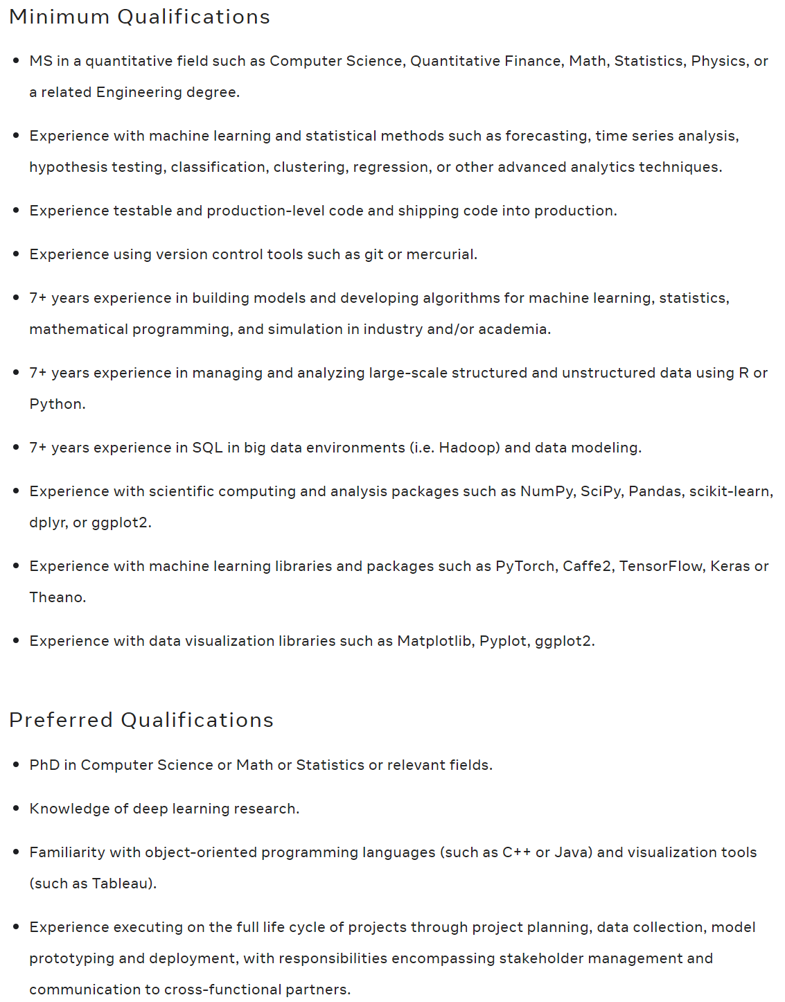 Minimum qualifications for a research data scientist at Facebook