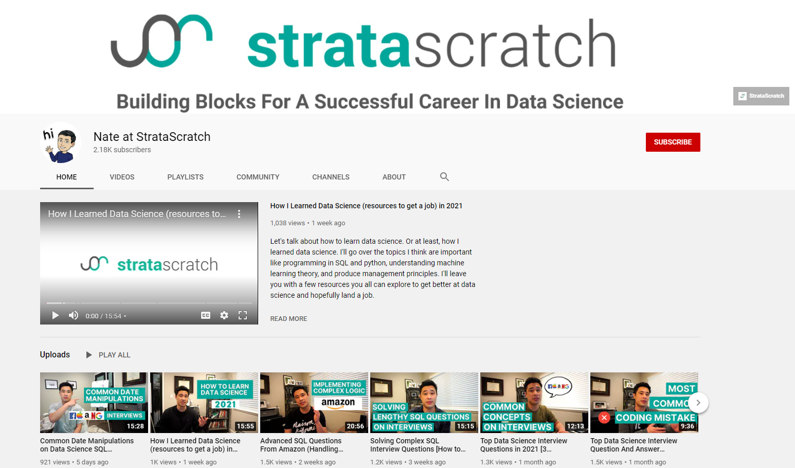 stratascratch youtube channel for data science questions