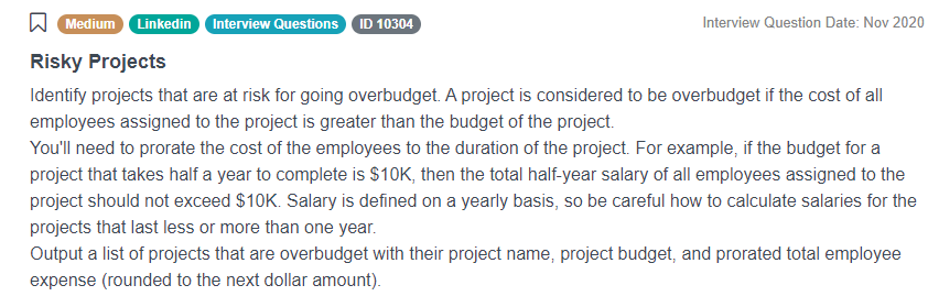 LinkedIn Data Scientist Interview Question to find Risky Projects
