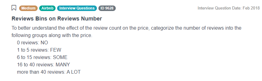 Airbnb Data Scientist Interview Question for Reviews Bins on Reviews Number