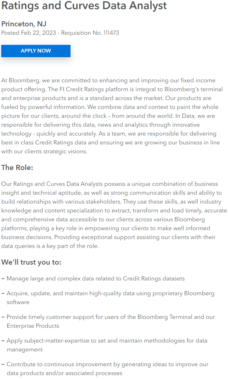 Remote Data Analysts Jobs at Bloomberg