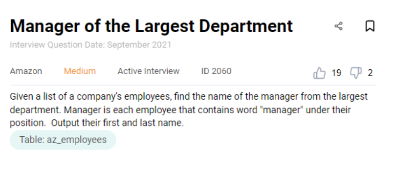Amazon data engineer interview question to find manager of largest department
