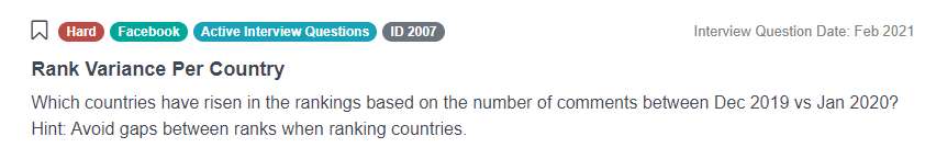 Facebook Data Scientist Interview Questions for Rank Variance Per Country