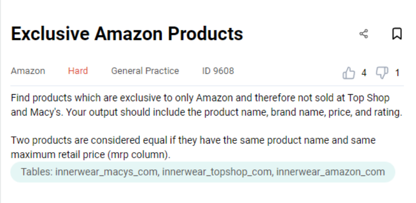 Amazon data engineer interview question to find exclusive products
