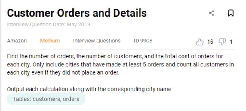 Amazon data engineer interview question to find customer orders and details