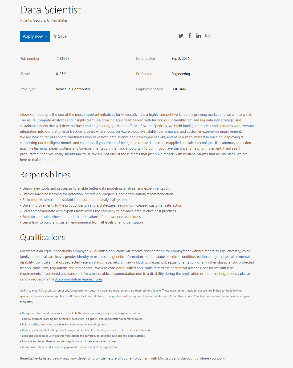 Data Scientist Position at Microsoft