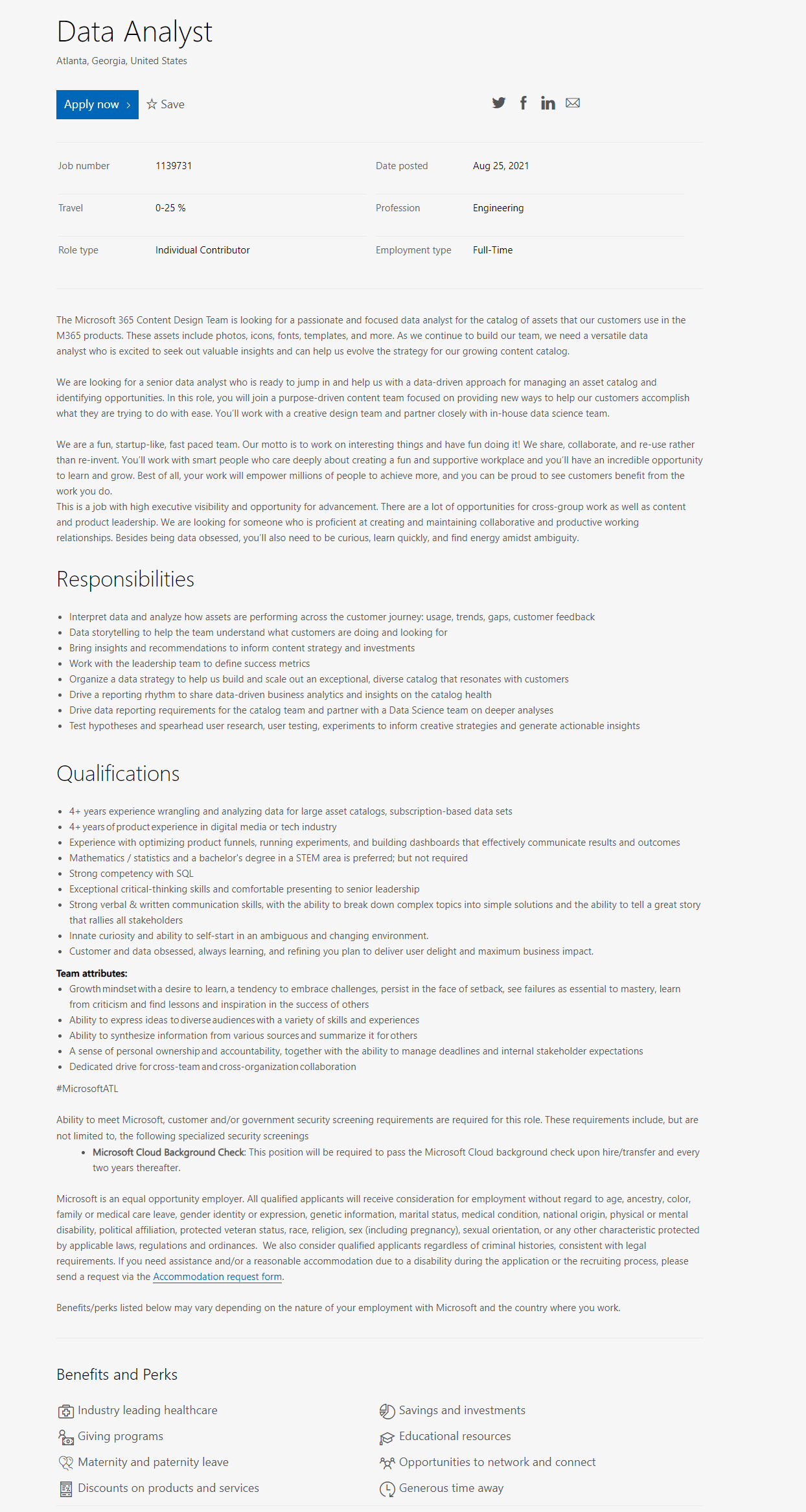 Data Analyst Position at Microsoft